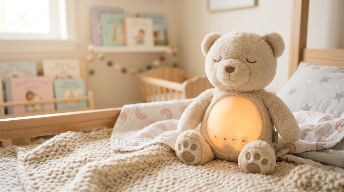 Lunabeer knuffel met gloeiend nachtlampje in de buik, zittend op een kinderbed
