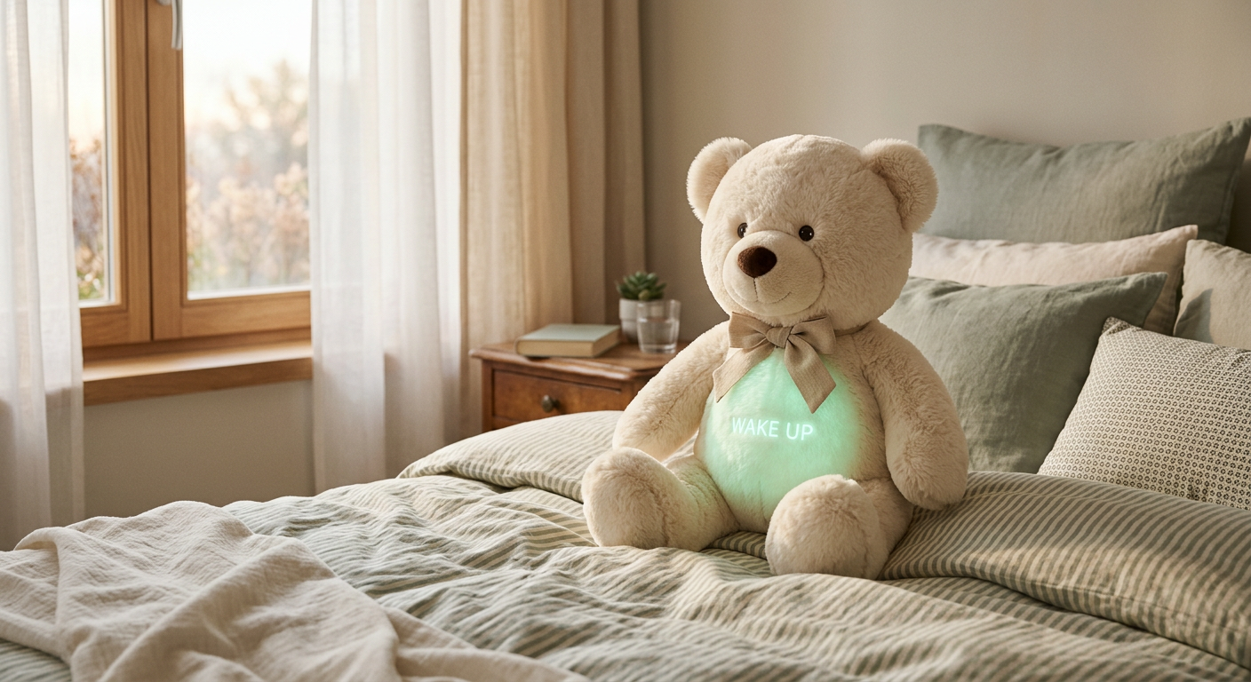 Lunabeer knuffel met zacht groen licht in de ochtend